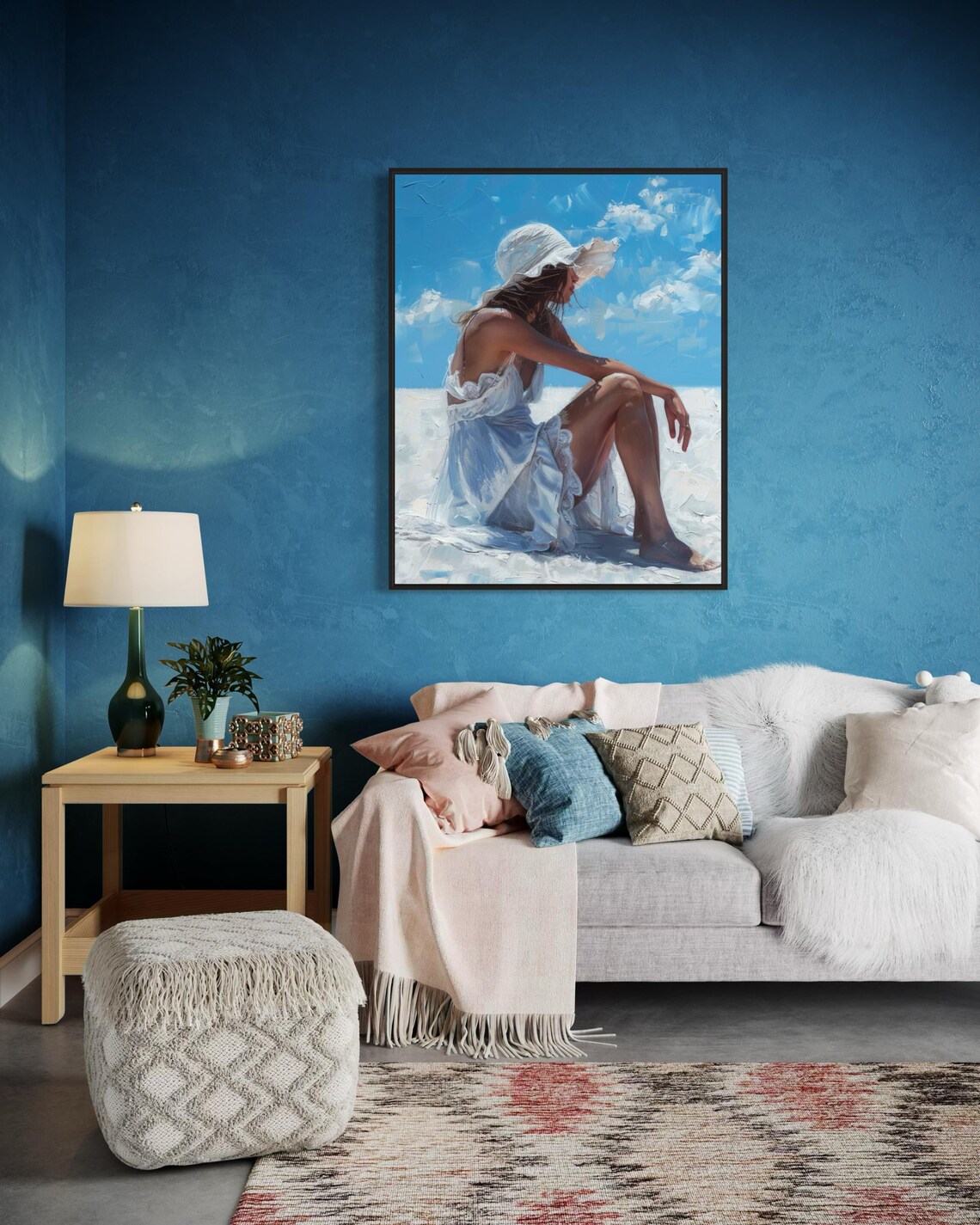 Elegant Woman Beach White Dress Sun Hat Summer Ocean Art Poster - Image 3