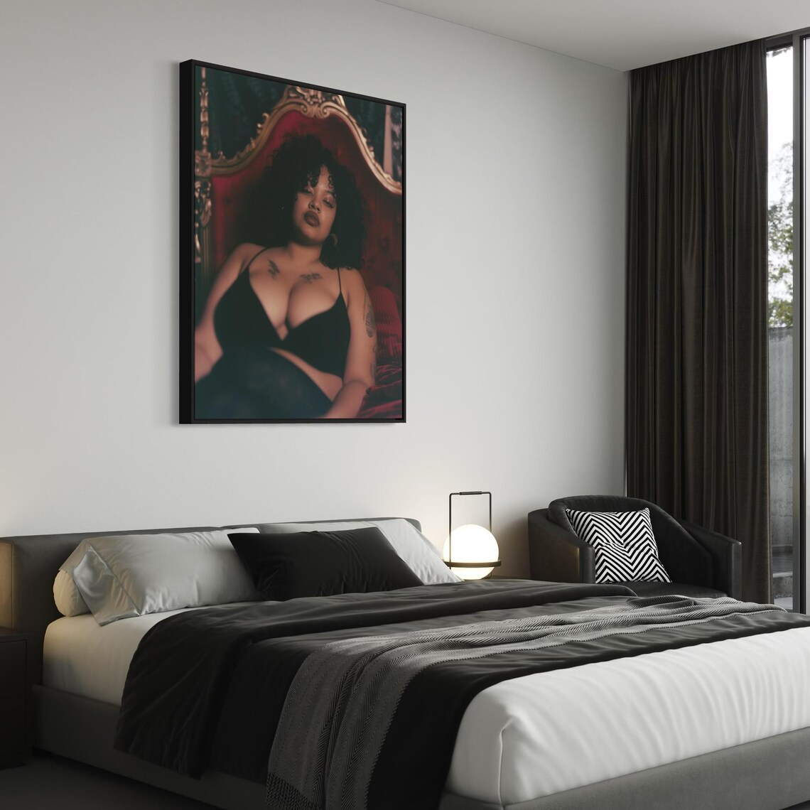 Boudoir Portrait Curvy Woman Black Lingerie Red Bed Art Poster - Image 6