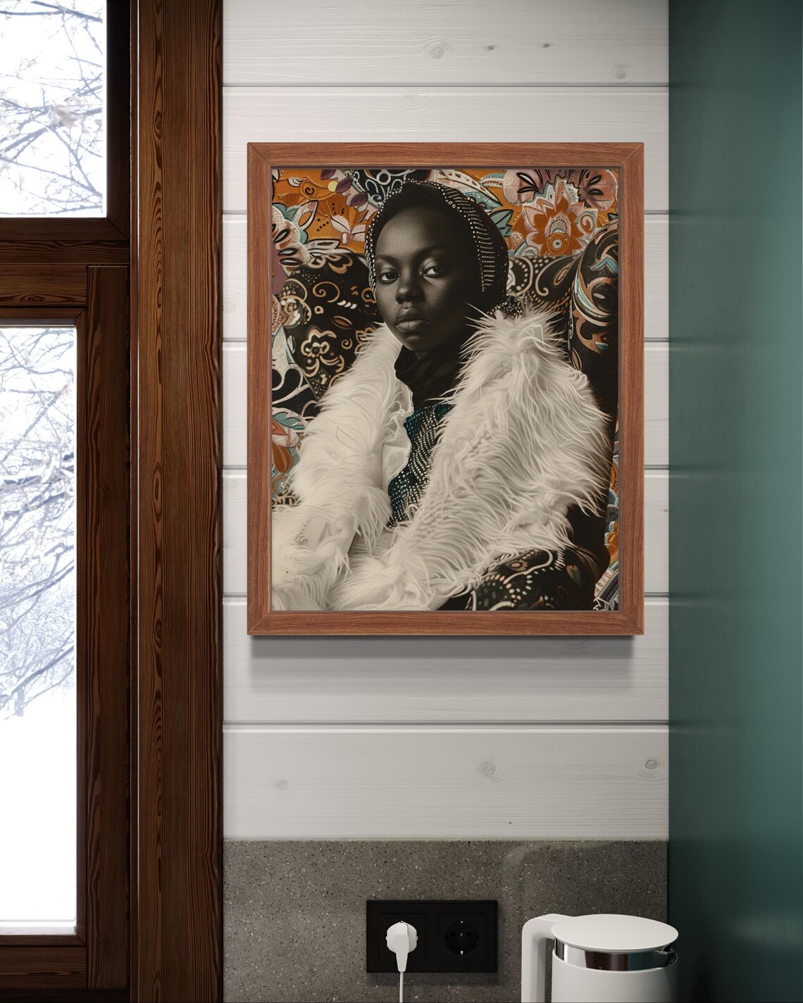 Black Woman White Feather Coat Boho Glam Portrait Art Poster - Image 5