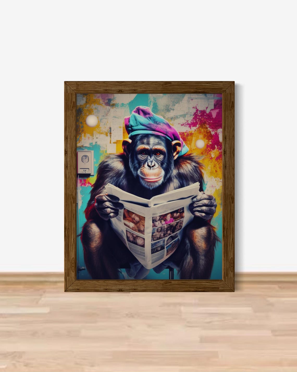 Chimpanzee Reading Newspaper On Toilet Funny Bathroom Art Poster