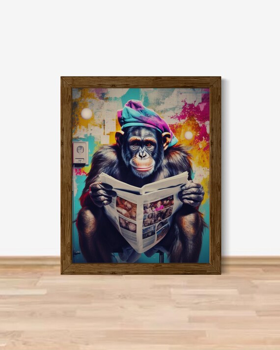 Chimpanzee Reading Newspaper On Toilet Funny Bathroom Art Poster