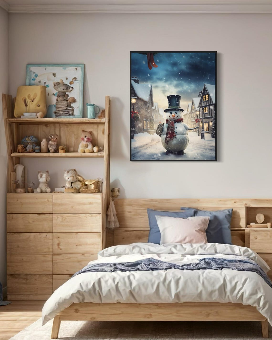Cute Snowman Top Hat Scarf Snowy Village Street Christmas Art Print - Image 4