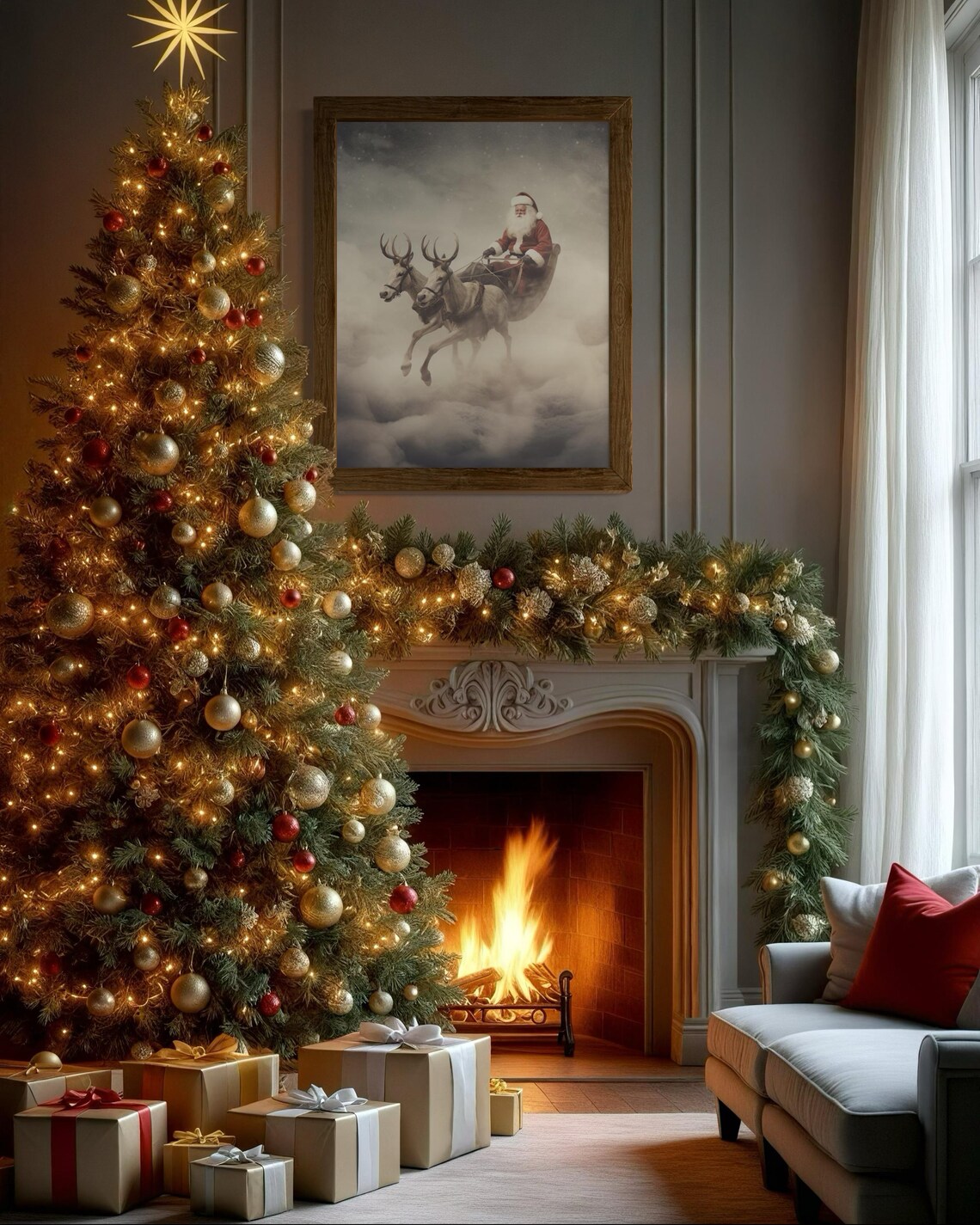 Santa Claus Flying Sleigh With Reindeer Dreamy Winter Sky Poster - Image 6
