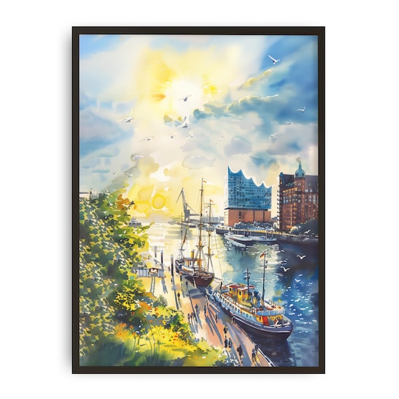 Hamburg Harbor Sunset Elbphilharmonie Sailboats Art Vibrant Poster
