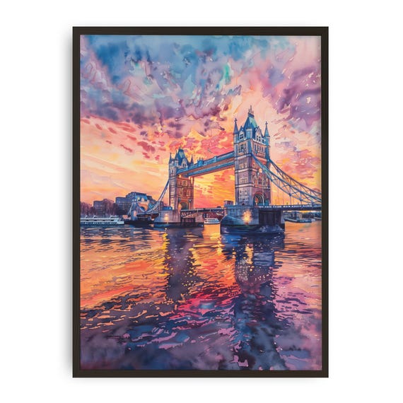 Tower Bridge London Watercolor Print Sunset Cityscape Wall Art