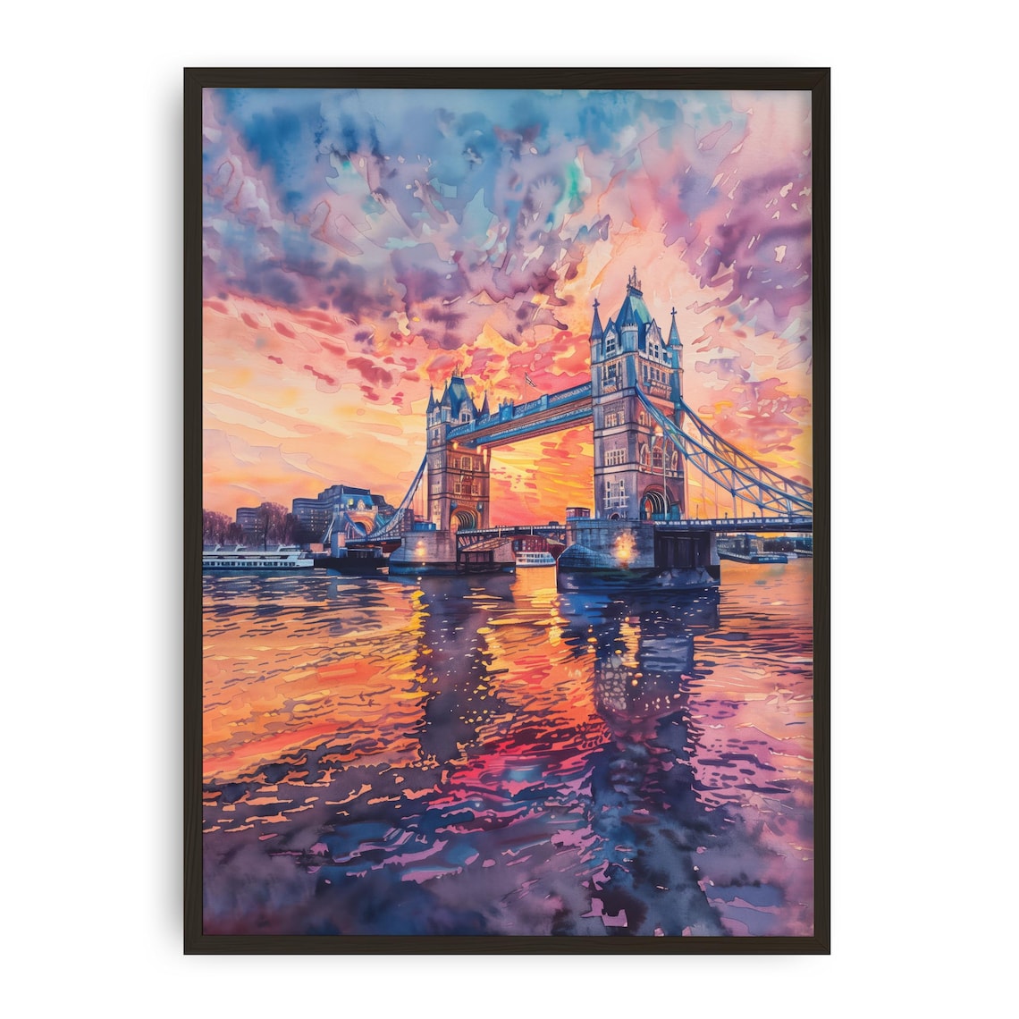 Tower Bridge London Watercolor Vivid Sunset Cityscape Thames Poster