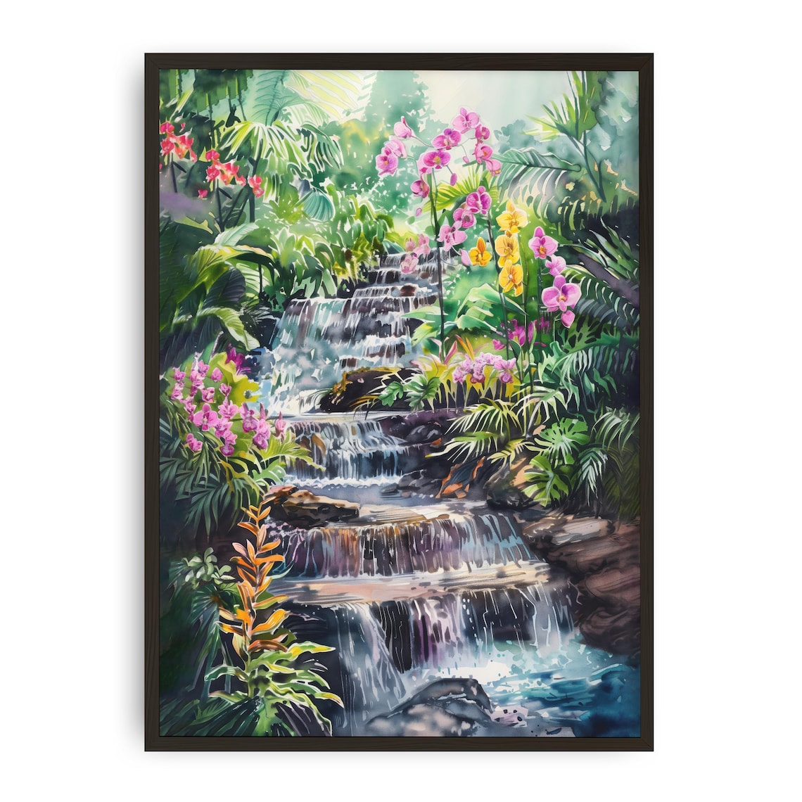 Tropical Waterfall Orchids Jungle Garden Watercolor Botanical Poster