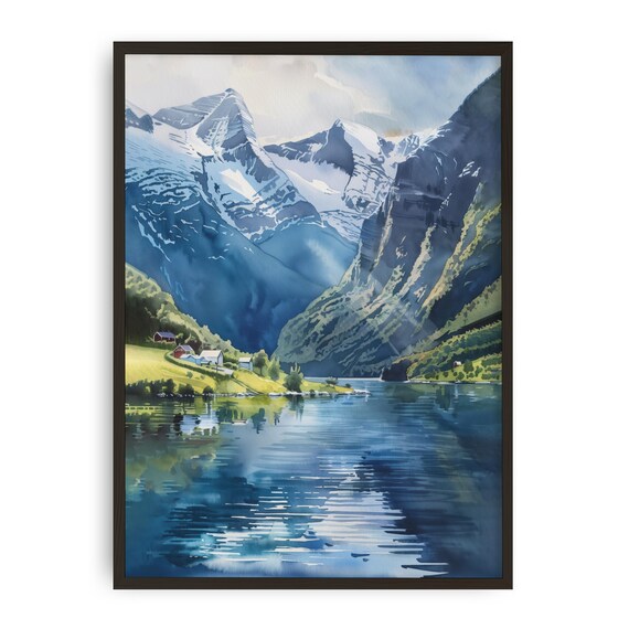 Norway Fjord Watercolor Print Scandinavian Mountain Landscape