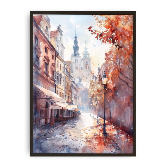 Prague Autumn Old Town Street Watercolor Painting Czech City Poster