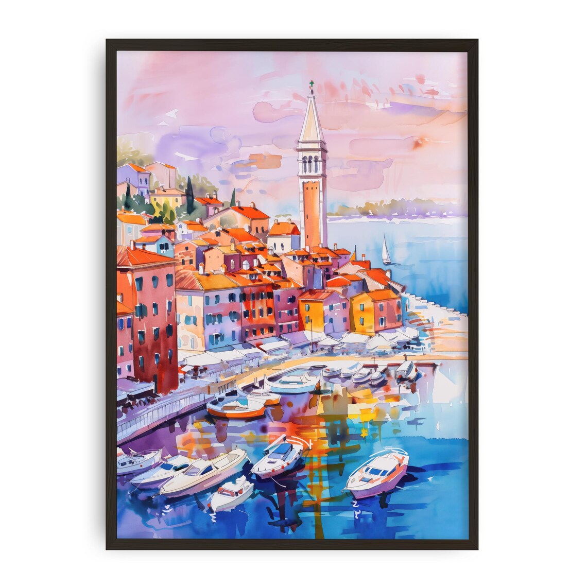 Rovinj Croatia Harbor Town Bell Tower Adriatic Watercolor Poster