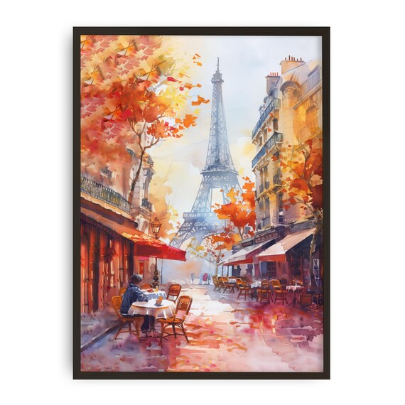Eiffel Tower Paris Autumn Cafe Street Scene Watercolor Wall Art