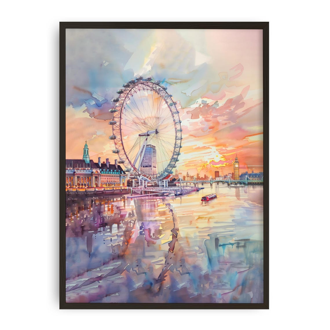 London Eye at Sunset Over the River Thames Watercolor Wall Art