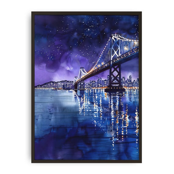 San Francisco Bay Bridge Night Cityscape Watercolor Print