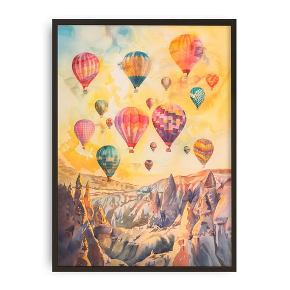 Cappadocia Hot Air Balloons Watercolor Print Travel Wall Art Colorful Landscape Poster