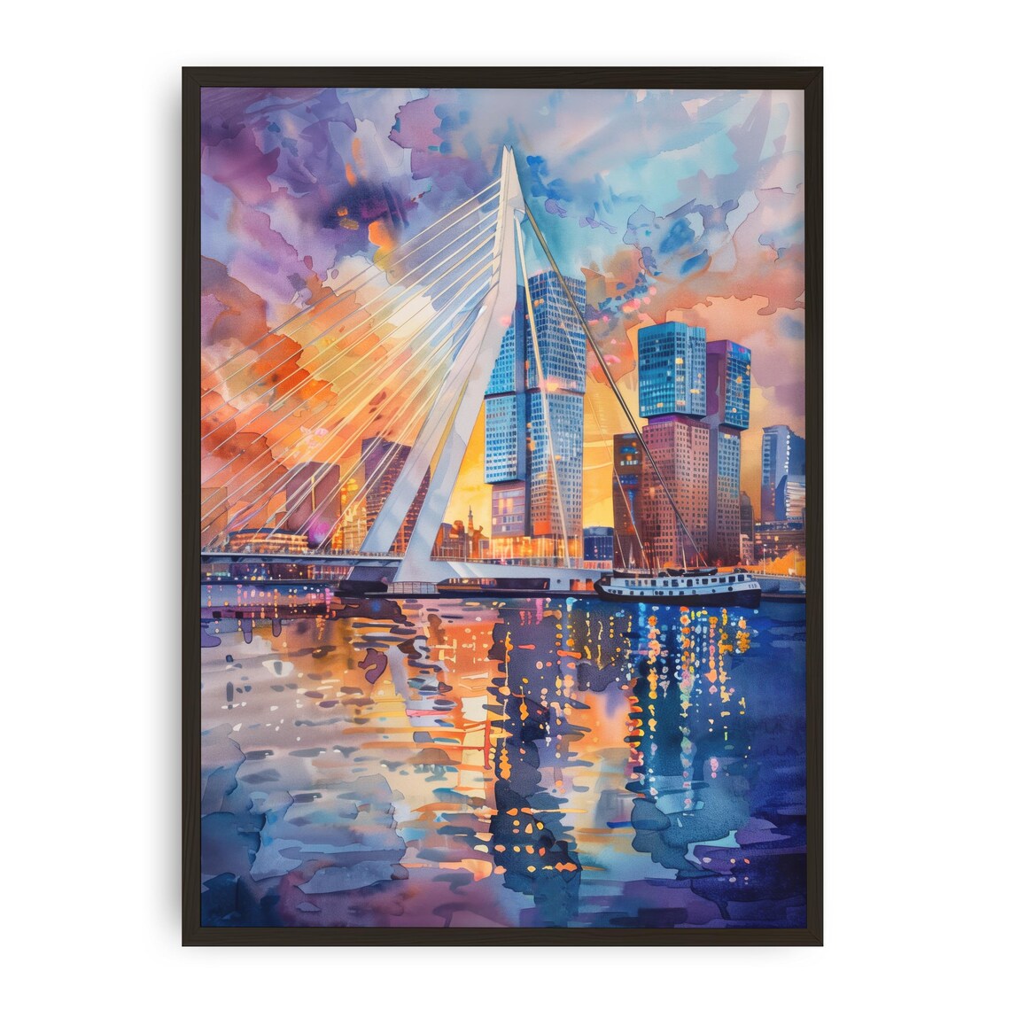 Rotterdam Erasmus Bridge Art Print Modern Netherlands Skyline Waterfront Poster Dutch Cityscape Decor Sunset Reflection Artwork