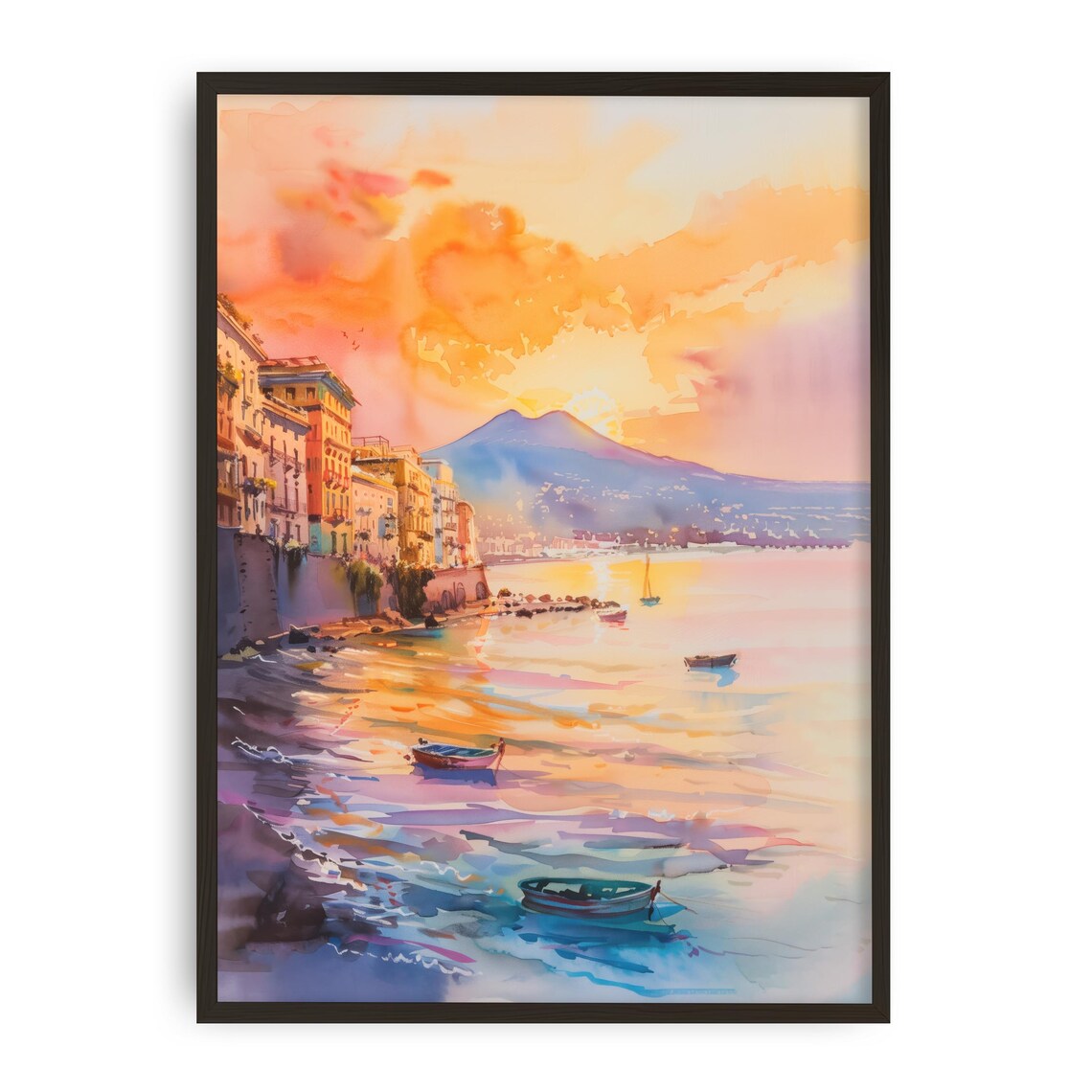 Naples Sunset Watercolor Art Print, Italy Coast