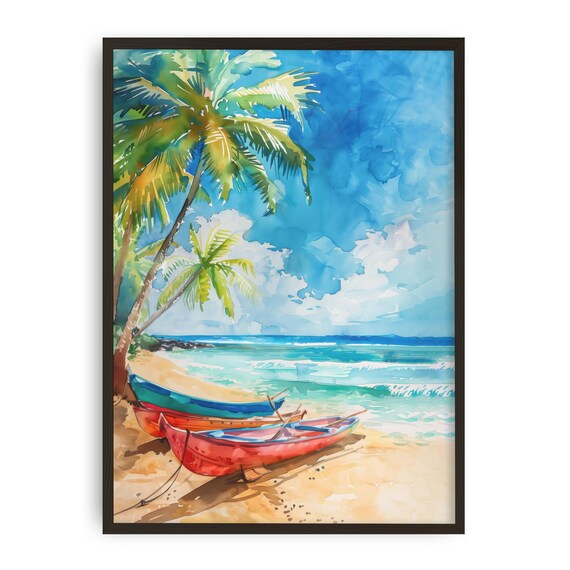 Bali Beach Watercolor Print Tropical Palm Tree Coastal Art