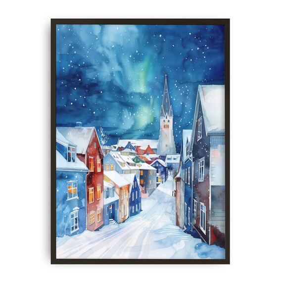 Reykjavik Winter Watercolor Print Iceland Northern Lights Wall Art