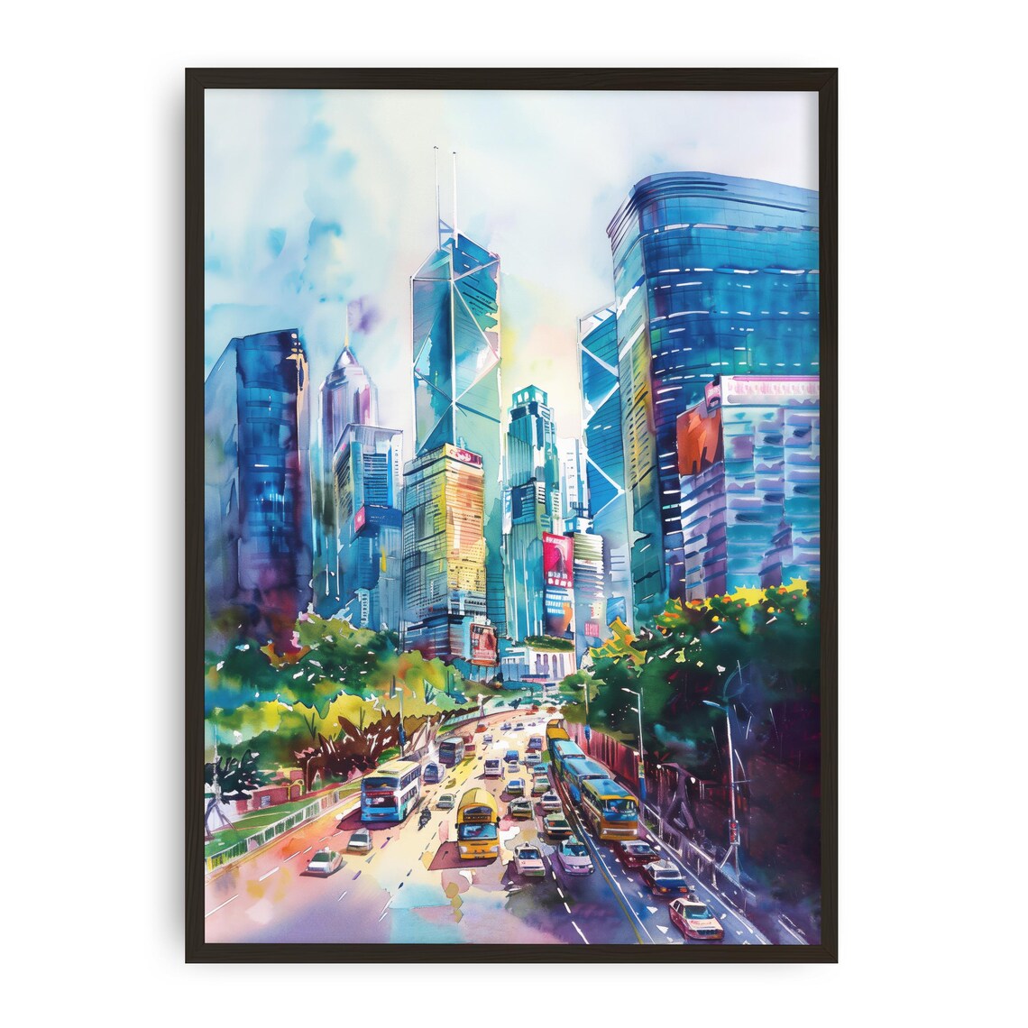Hong Kong Central Skyscrapers District City Art Vibrant Poster