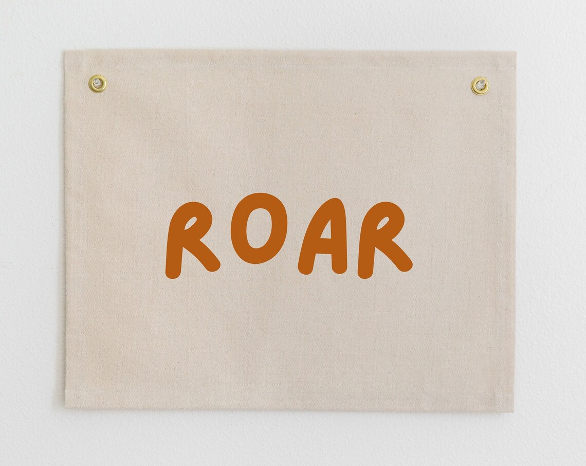 Roar Rust Orange Rounded Letter Canvas Flag Wall Art for Kids Jungle Room