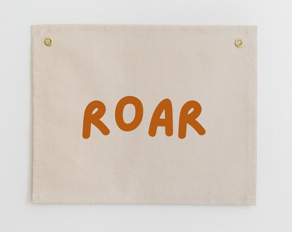Roar Rust Orange Rounded Letter Canvas Flag Wall Art for Kids Jungle Room