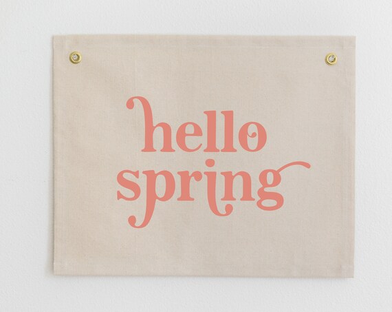 Hello Spring Coral Script Canvas Flag Farmhouse Decor Wall Art