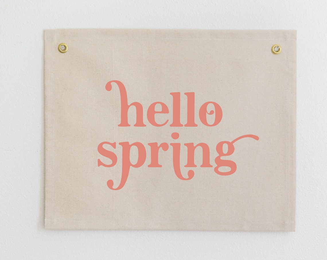 Hello Spring Coral Script Canvas Flag Farmhouse Decor Wall Art
