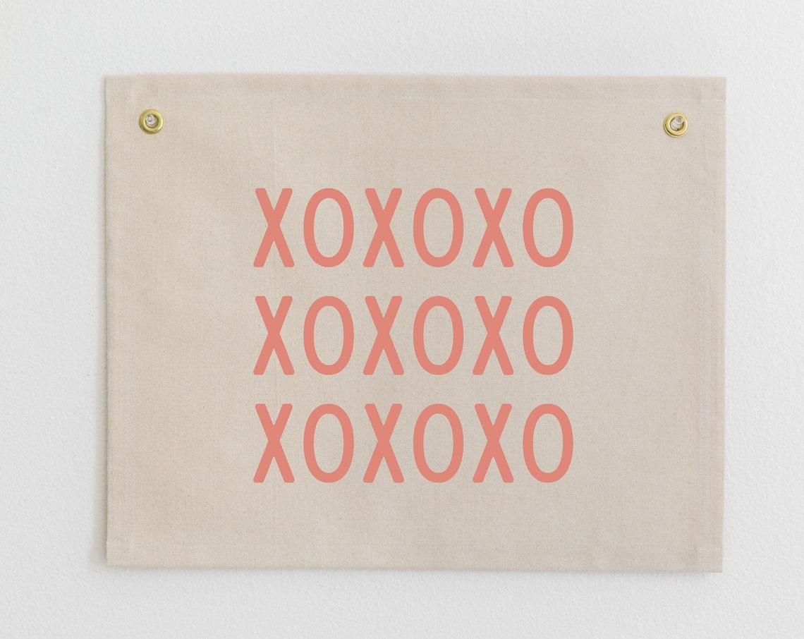 Xoxo Pattern Coral Lettering Valentines Canvas Flag Seasonal Wall Art