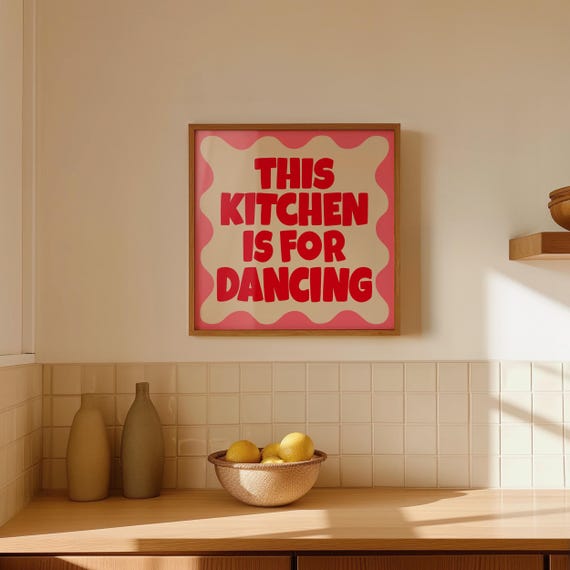 This Kitchen Is For Dancing Print Preppy Pink Retro Kitchen Poster Square Wall Art Pink Preppy Kitchen Wall Art Trendy Kitchen