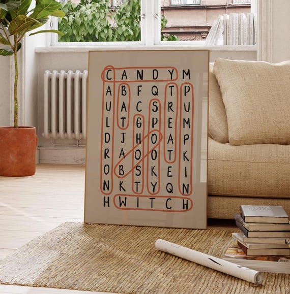 Halloween Word Search Puzzle Poster Scrabble Bar Cart Poster Funny Halloween Party Decor Funky Preppy Halloween Apartment Cafe Bar Decor