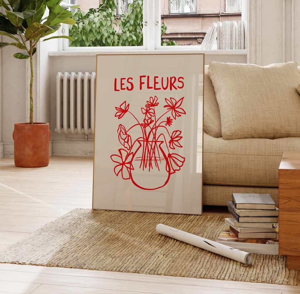 Crimson Les Fleurs Flower Vase Botanical Line Art Sketch Poster - Image 3