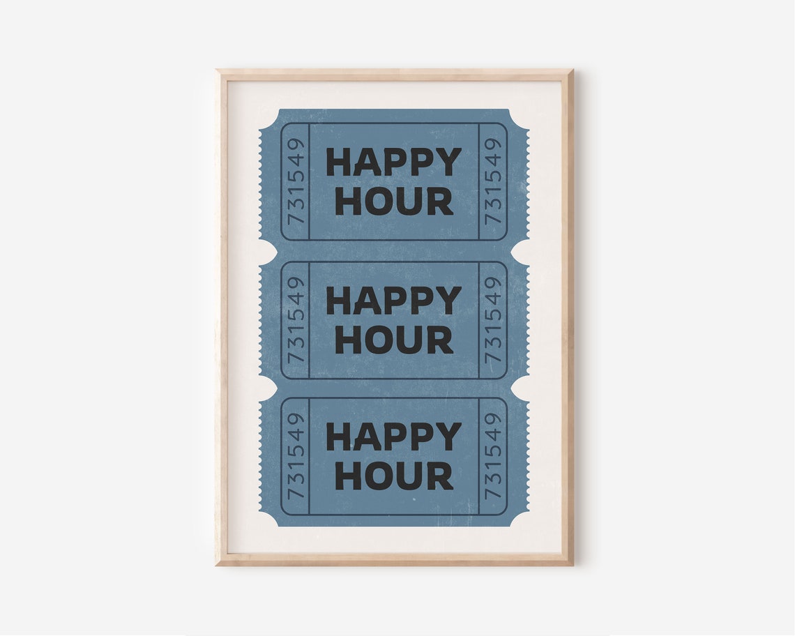 Happy Hour Blue Retro Ticket Stub Bar Cart Decor Maximalist Poster - Image 3