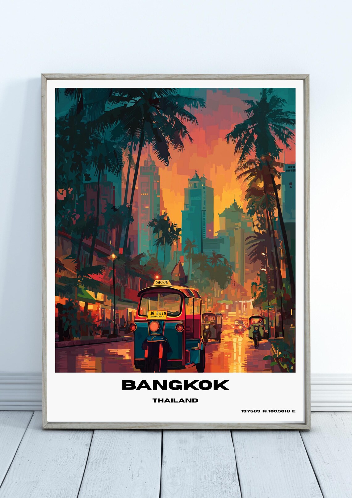 Bangkok Thailand Sunset Tuk Tuk Rainy Street Scene Travel Poster