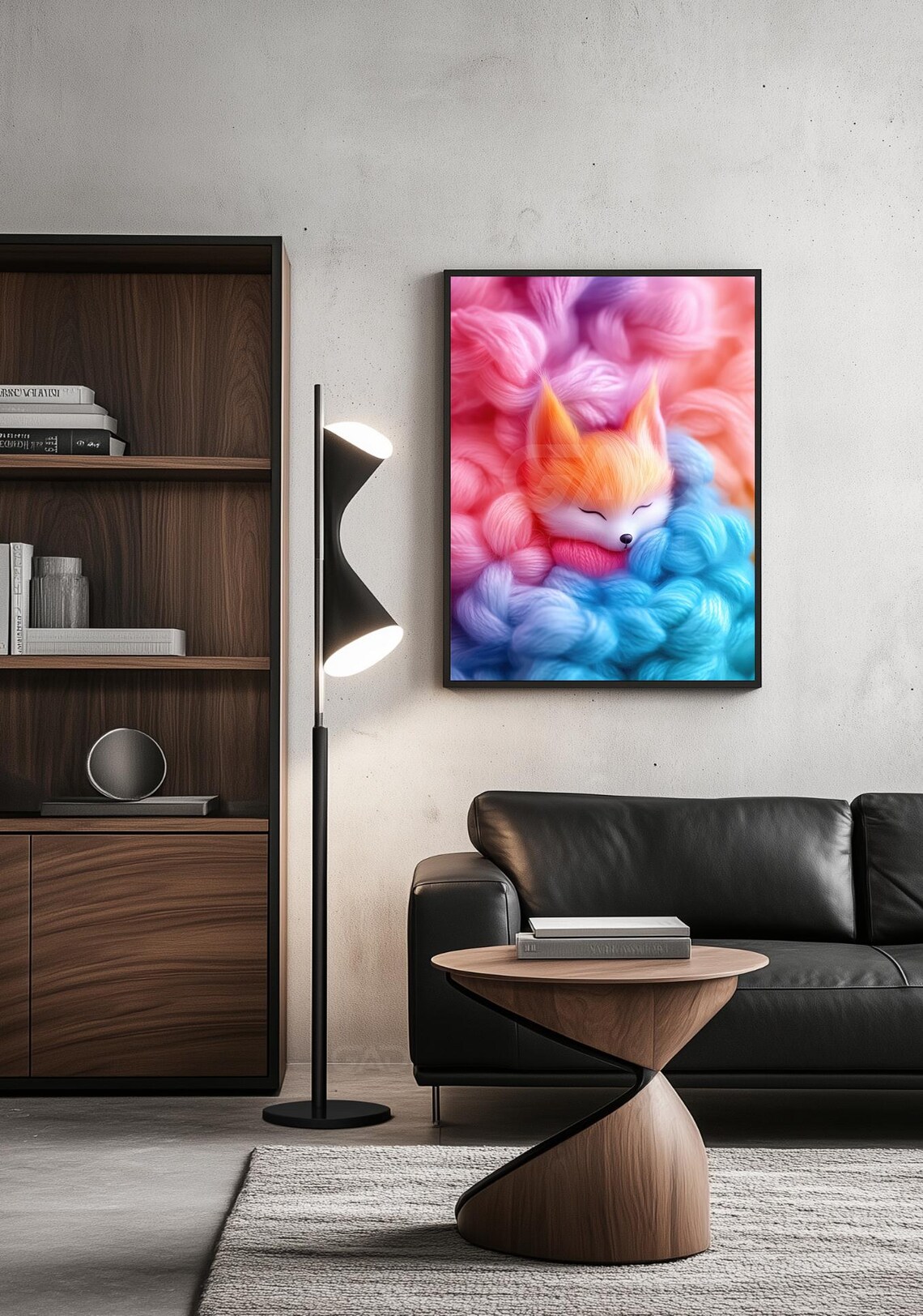 Sleeping Baby Fox Curled Up in Soft Rainbow Yarn Clouds Poster - Image 2