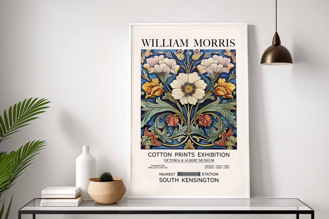 William Morris Cream Poppy and Blue Floral Museum Exhibition Poster - Image 2