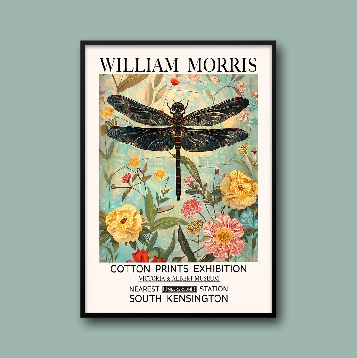 William Morris Black Dragonfly Over Pastel Blooms Exhibition Poster