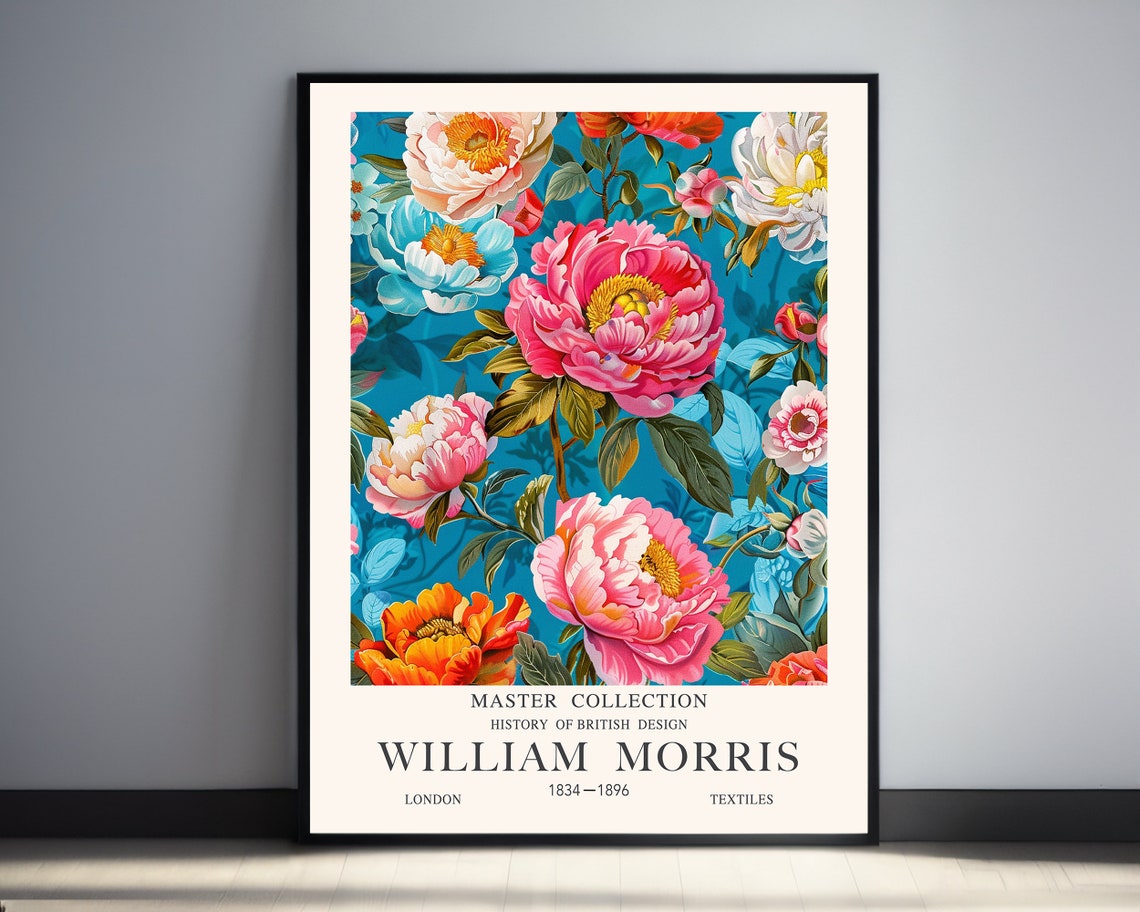 William Morris Pink Peonies Teal Botanical Master Collection Poster