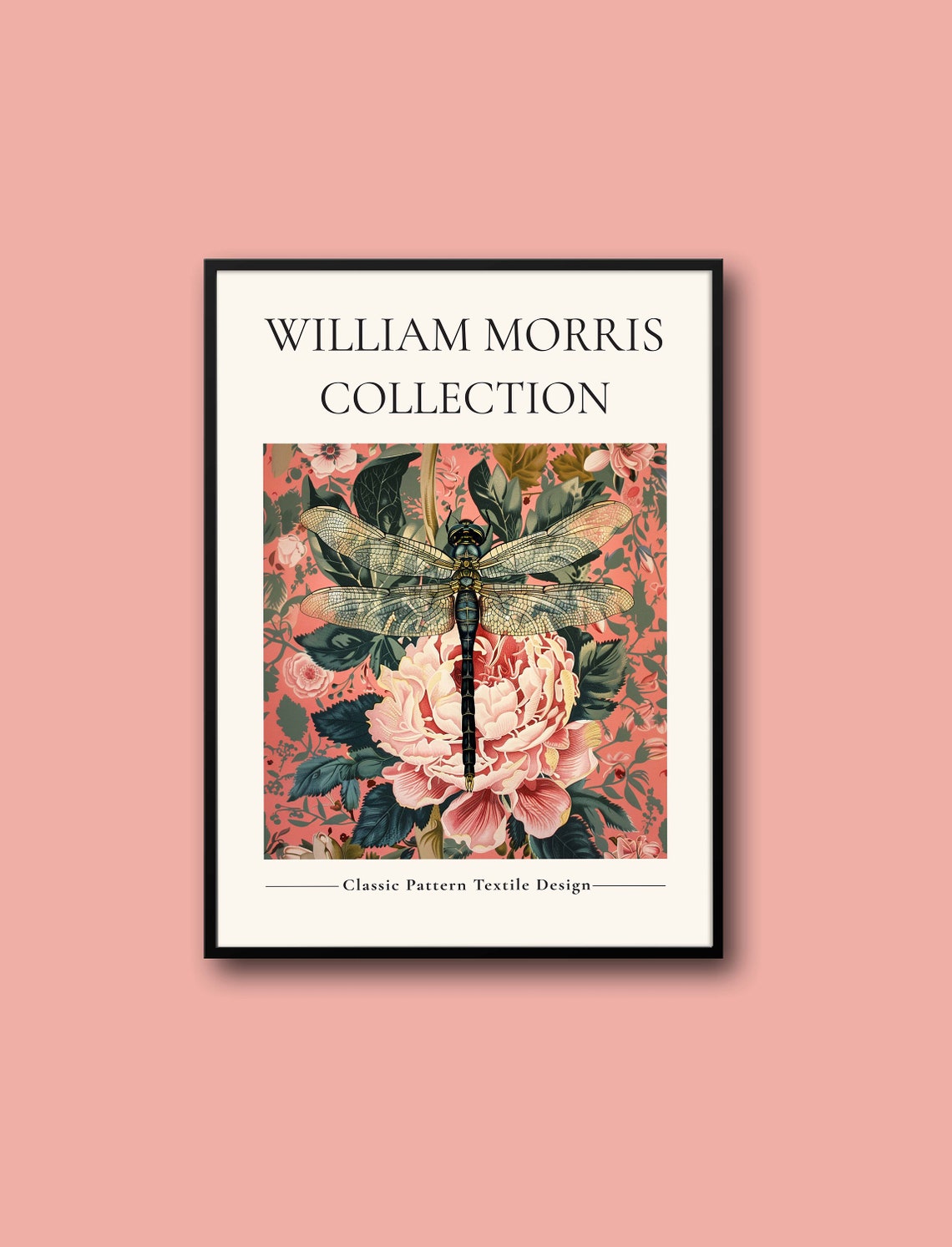 William Morris Dragonfly and Pink Peony Classic Textile Design Poster - Image 2