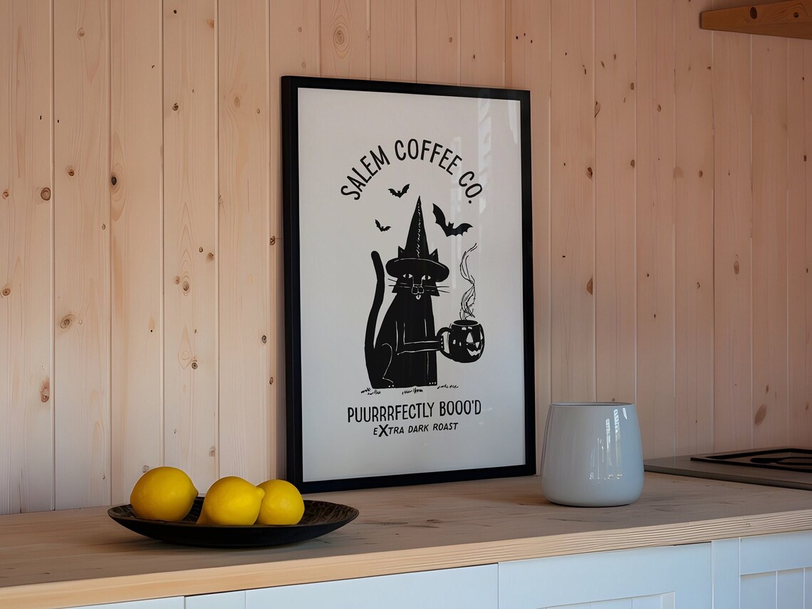 Spooky Coffee Cat Halloween Kitchen Art Print