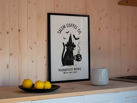 Spooky Coffee Cat Halloween Kitchen Art Print