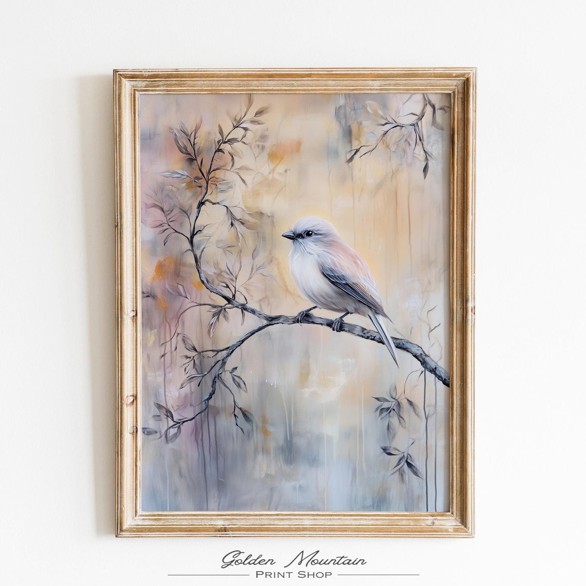 Pale Songbird on a Branch Dreamy Pastel Bird Painting Wall Art