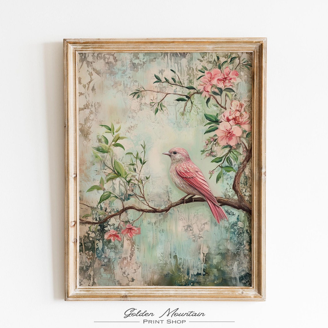 Pink Songbird Perched On Cherry Blossom Branch Soft Vintage Poster