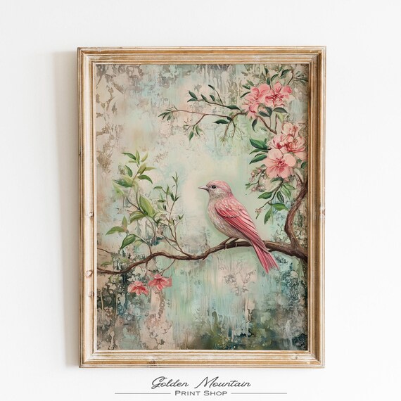 Pink Songbird Perched On Cherry Blossom Branch Soft Vintage Poster
