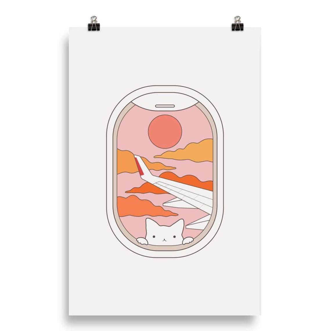 Cute Cat Peeking from Airplane Window Sunset Illustration Poster