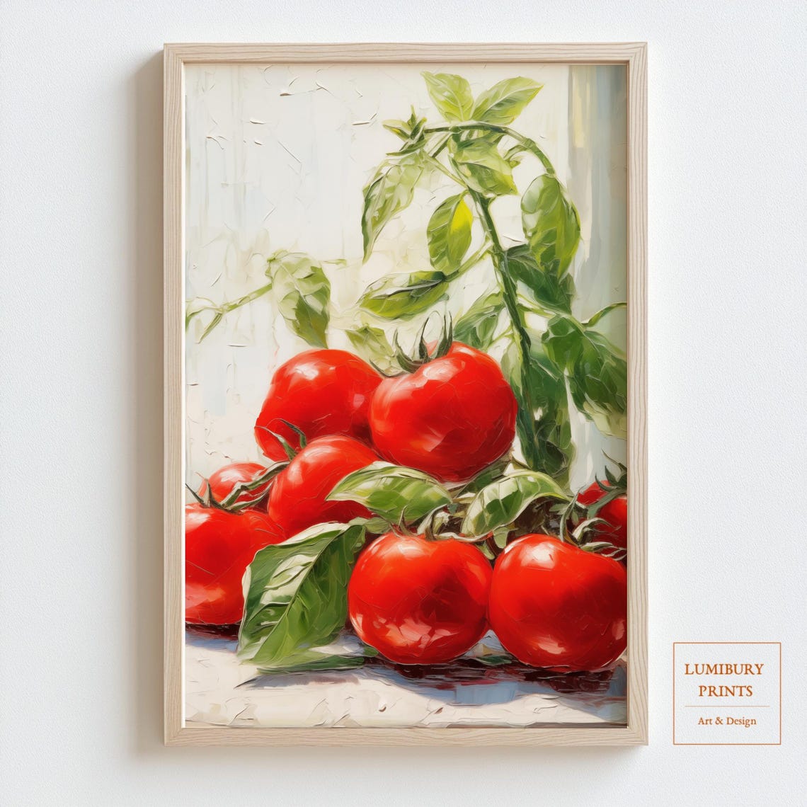Vine Ripened Tomatoes Basil Leaves Oil Painting Kitchen Wall Art