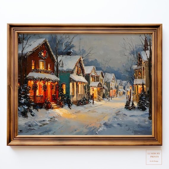 Snowy Christmas Village Street Lights Impasto Oil Painting Poster
