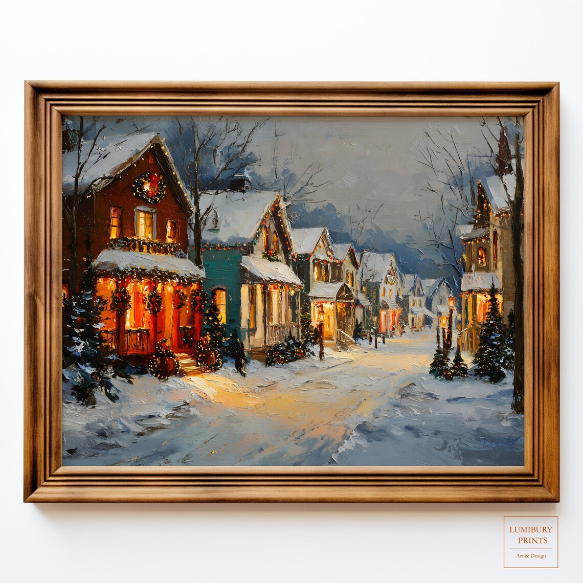 Snowy Christmas Village Street Lights Impasto Oil Painting Poster