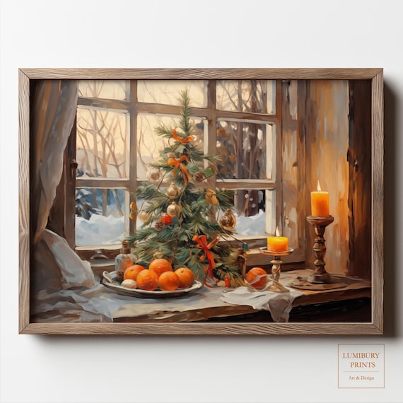 Christmas Tree Candlelit Window Oranges Cozy Winter Holiday Poster