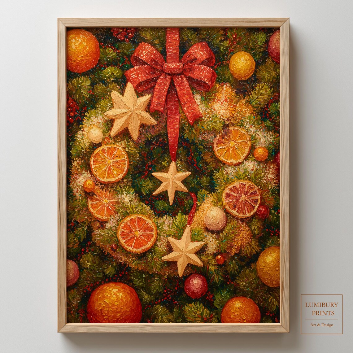 Vintage Christmas Wreath Dried Oranges Wooden Stars Painting Poster