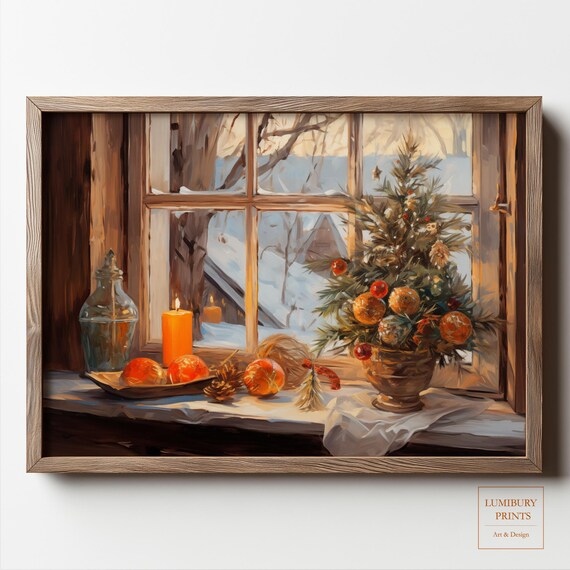 Christmas Tree Window Sill Candlelight Oranges Vintage Holiday Poster